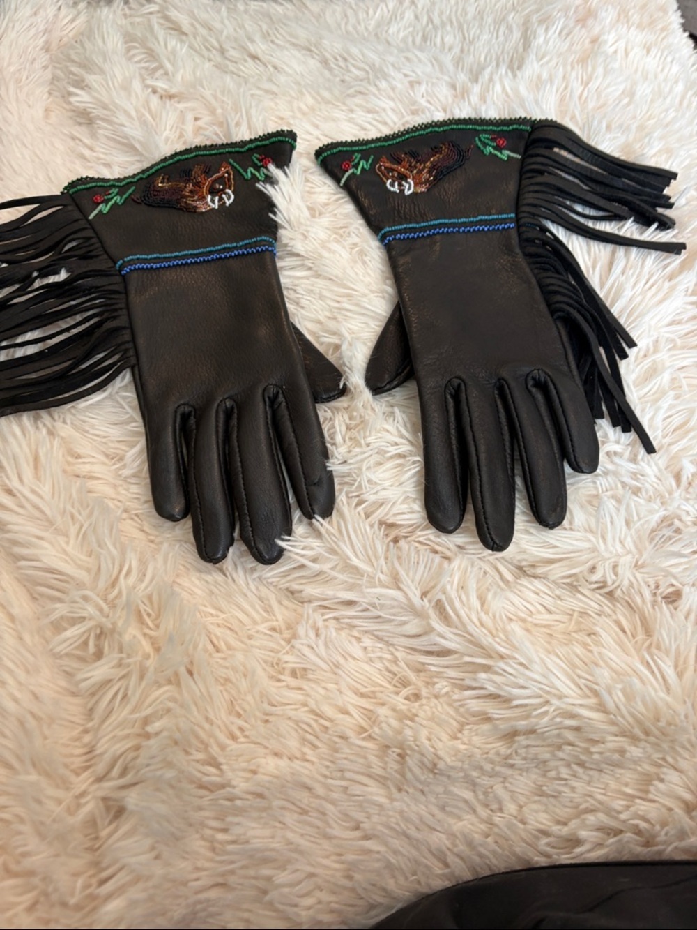 Fringed Black Leather Gloves with hand beaded Detail. Never worn.